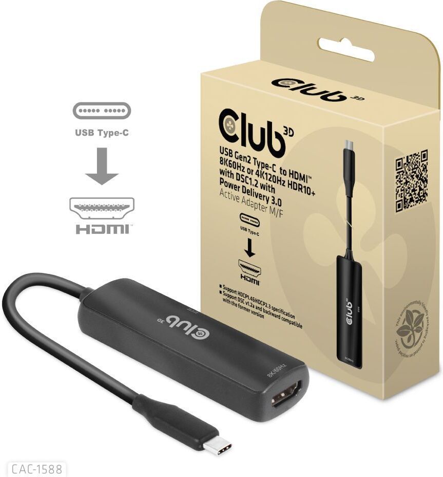 CLUB 3D USB Gen2 Type C to HDMI 8K60Hz or 4K120Hz HDR10 with DSC 1.2 and PD 100W Active Adapter M/F